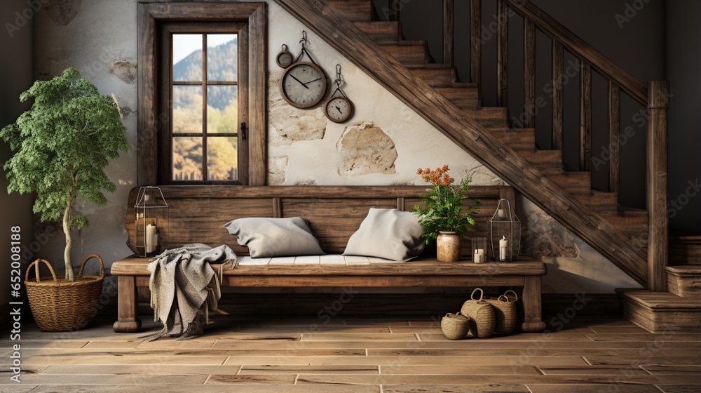 Interior design of a modern rustic entrance hall with a door in a cozy hallway with a beam ceiling and wooden wall decor in a farmhouse Interior design of a modern rustic entrance hall with a door in a cozy hallway with a beam ceiling and wooden wall decor in a farmhouse