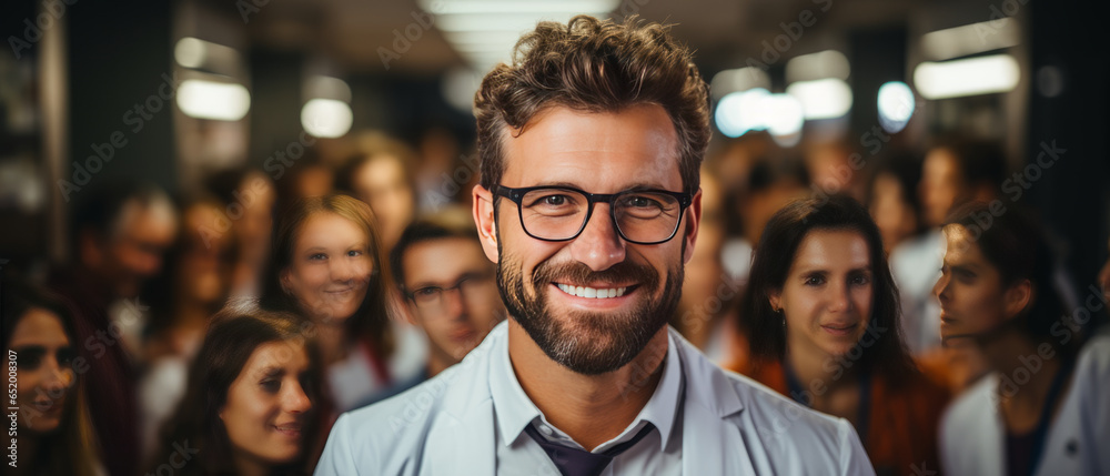 portrait caucasian doctor man with blured team nurses and assistants behind in depth of field