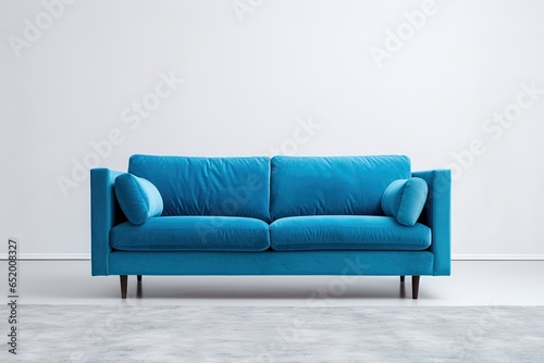 Minimalist Marvel Studio shot of a blue sofa on a carpet isolated on white background © Parvez