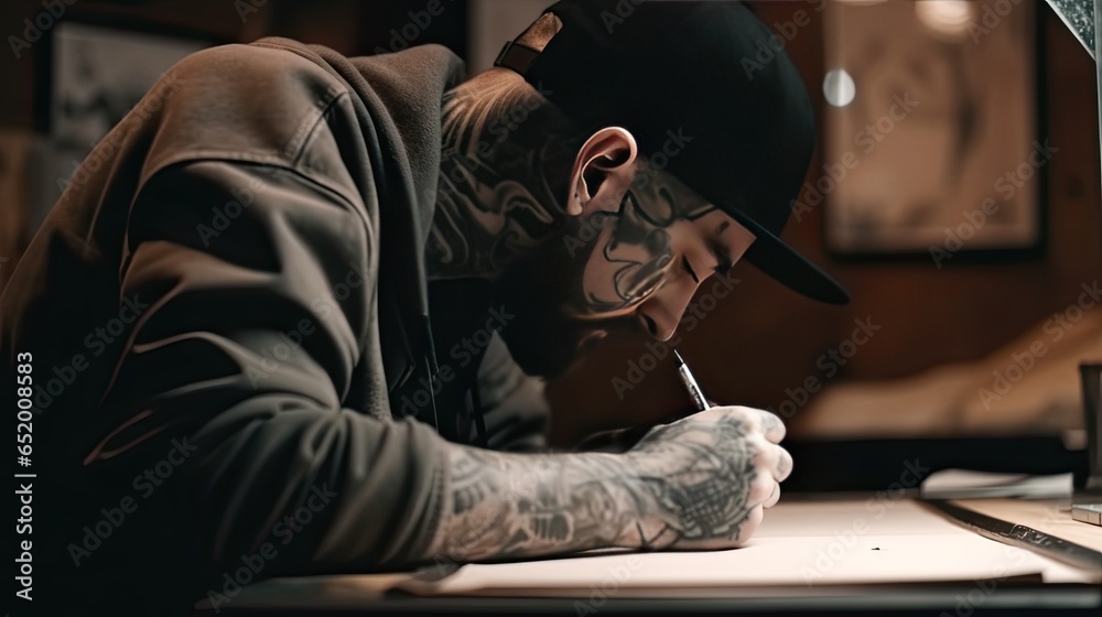  Inspired Tattoo Artist Sketching New Design in a Tattoo Salon