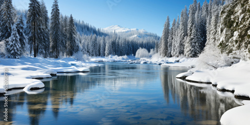 calm idyllic winter pacifying landscape with a snow-covered coniferous forest, a non-freezing pond, a river or a lake, bright sunny day, blue sky