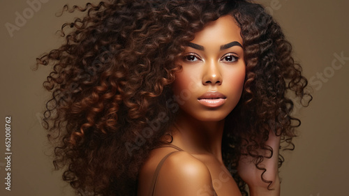 Portrait of a beautiful brunette african woman with long wavy hair.