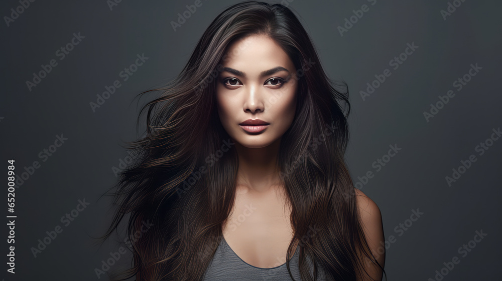 Portrait of a beautiful brunette asian woman with long wavy hair. Portrait of a beautiful brunette asian woman with long wavy hair.