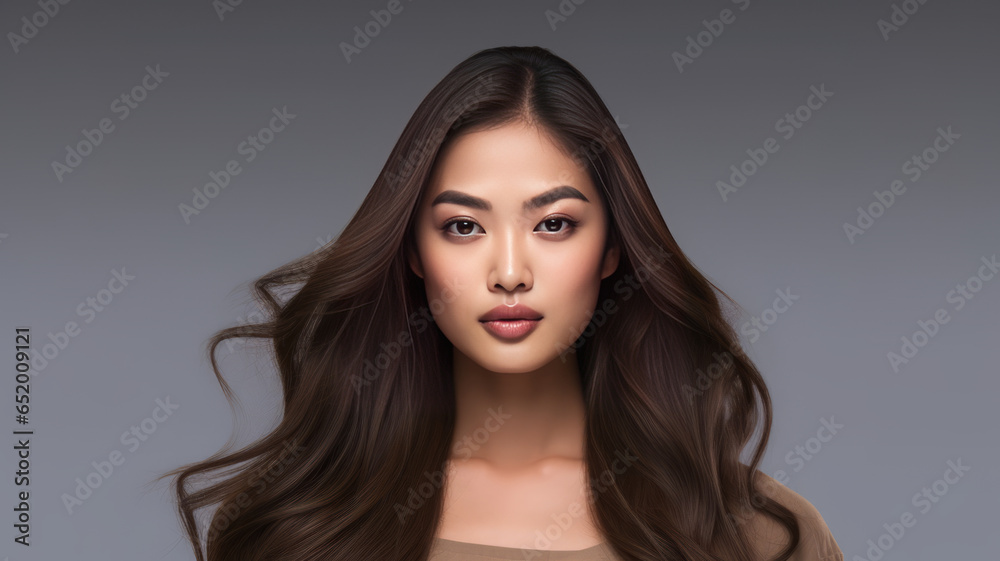 Portrait of a beautiful brunette asian woman with long wavy hair. Portrait of a beautiful brunette asian woman with long wavy hair.