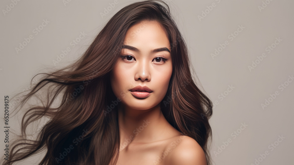 Portrait of a beautiful brunette asian woman with long wavy hair. Portrait of a beautiful brunette asian woman with long wavy hair.