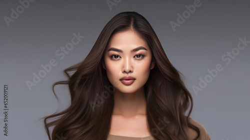 Portrait of a beautiful brunette asian woman with long wavy hair.