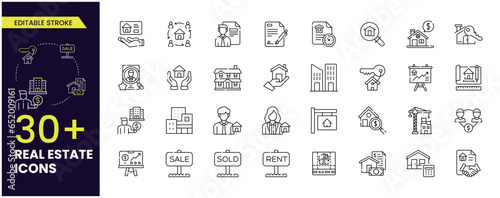 Real Estate editable stroke icons Collections. Home, property, rental, home loan, sold, sale, rent mortgage, building, agent, plan, relator, renovation, and house sale. Vector Icons collections