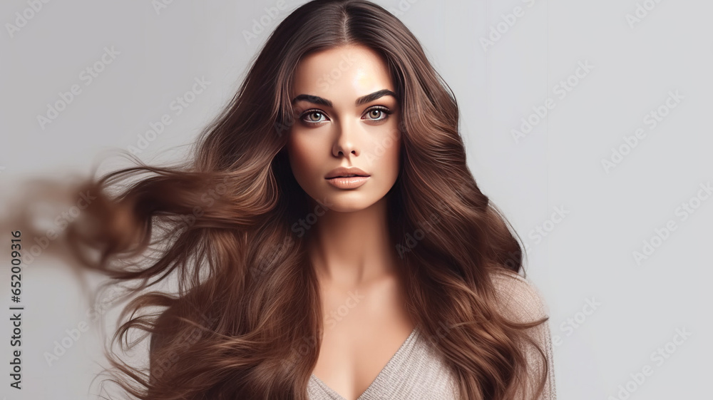 Portrait of a beautiful brunette woman with long wavy hair