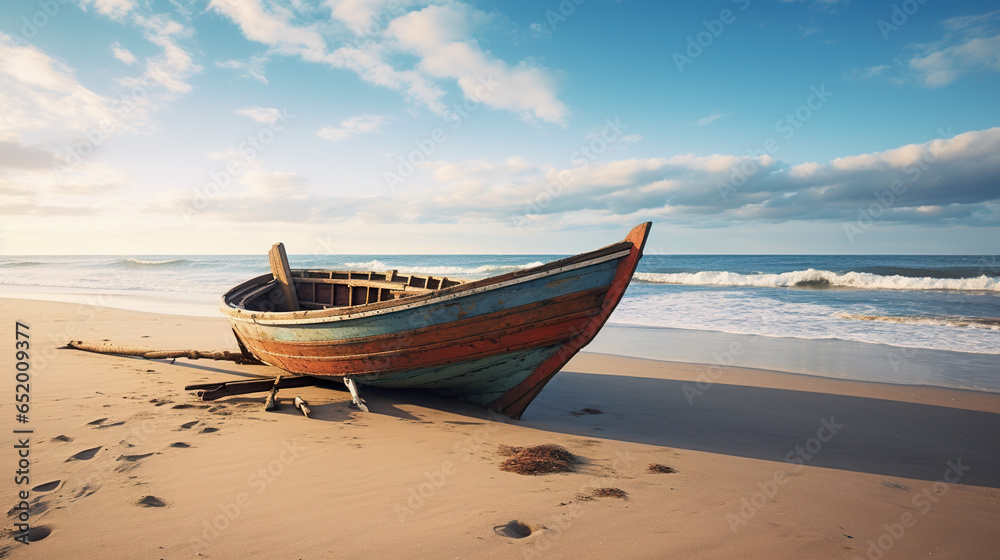 A wooden fishing boat resting on the shore A wooden fishing boat resting on the shore