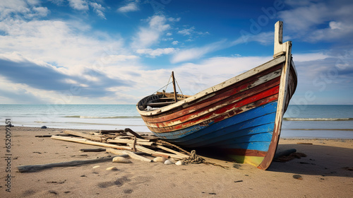 A wooden fishing boat resting on the shore