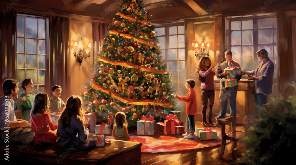 Family's Joyful Christmas Moment in a Warmly Lit Room

