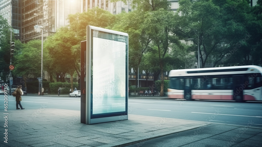 Vertical blank white billboard at bus stop on city street. Vertical blank white billboard at bus stop on city street.