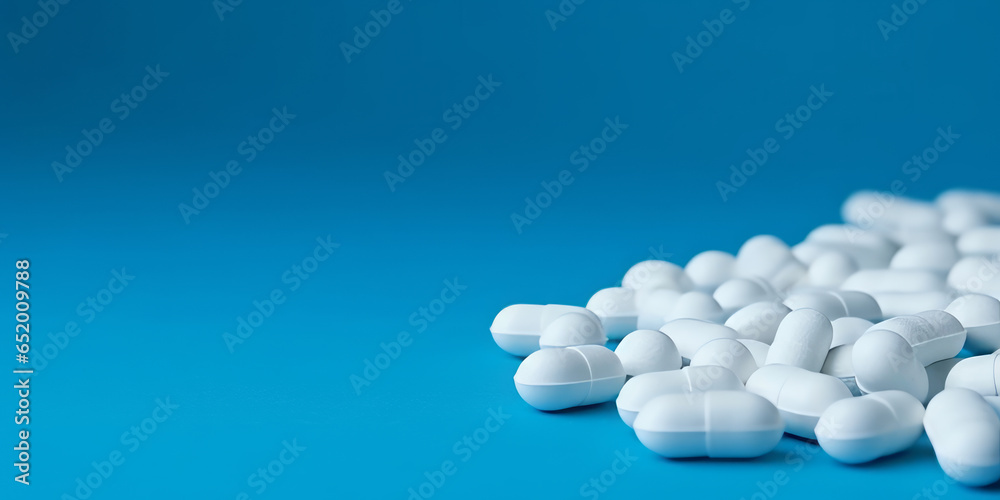White pills from plastic medicine bottle on blue background. White pills from plastic medicine bottle on blue background.