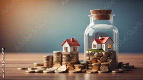 Savings for buying or renting home. Miniature house and coin jar on the table. Rising property values, mortgage rates and high housing tax