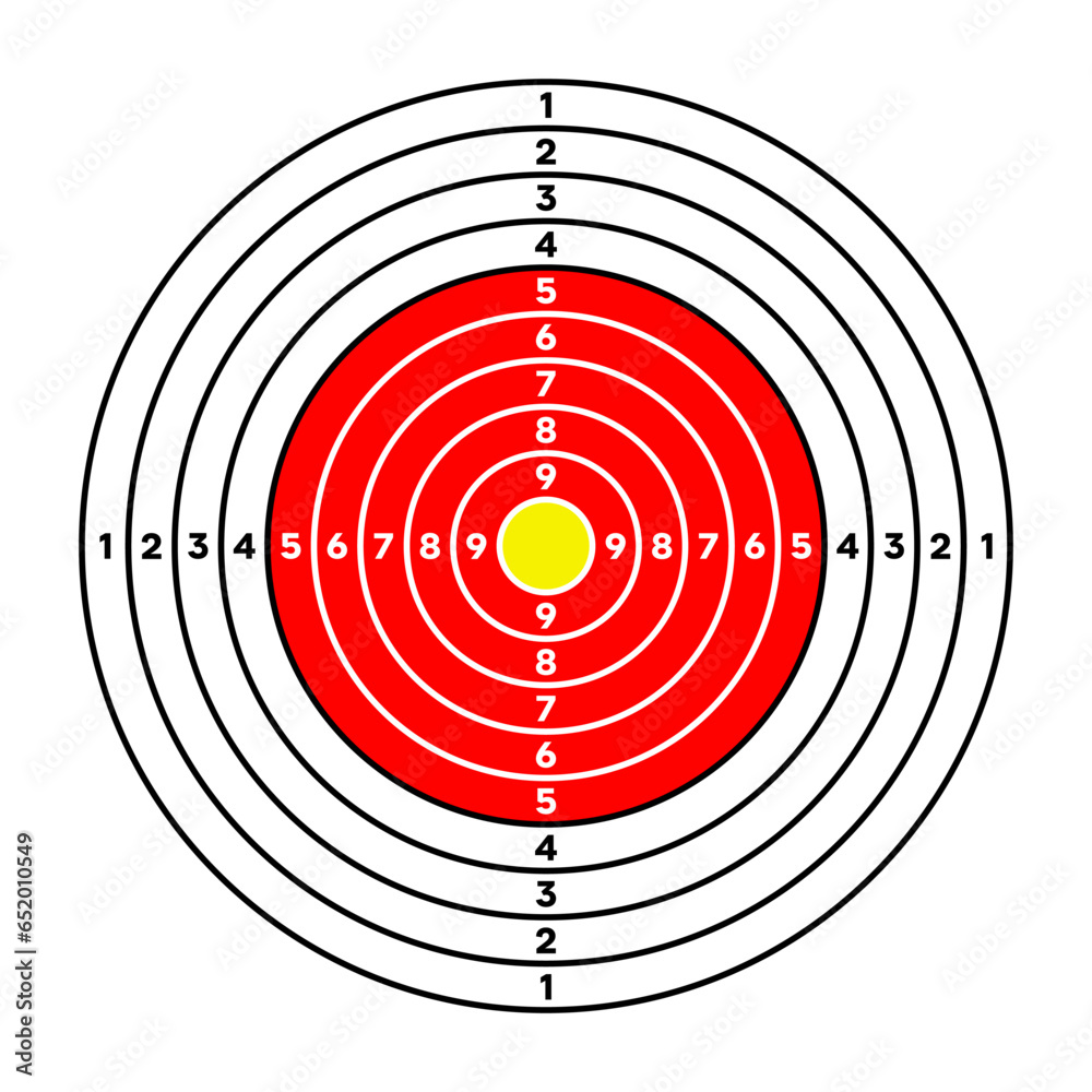 Shooting range paper target with divisions, marks and numbers. Archery, gun shooting practise and training, sport competition and hunting. Bullseye and aim. Vector illustration Shooting range paper target with divisions, marks and numbers. Archery, gun shooting practise and training, sport competition and hunting. Bullseye and aim. Vector illustration