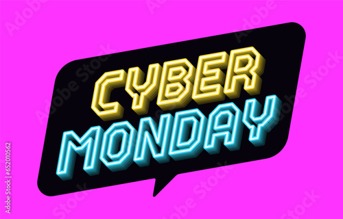 Neon banner of Cyber Monday Sale. Outline neon italic text Cyber Monday with inclined bubble frame. Yellow blue text tag template for social media banners and digital ad. Vector illustration