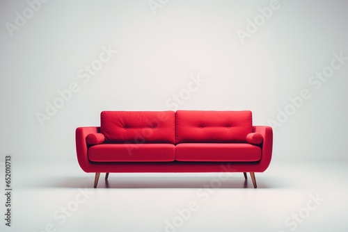 Minimalist Marvel Studio shot of a red sofa on a carpet isolated on white background