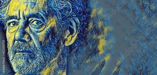 Paintography or sketch graphics illustration portrait of an attractive older Caucasian man with grey hair and beard. Turned to the right side with a serious or pensive expression. Off center.