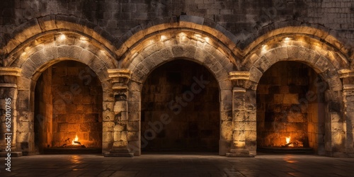 Ancient Stone Arches From Classic Architecture Adorned With Fire Flames