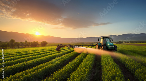 A tractor is spraying a soybean field during sunset