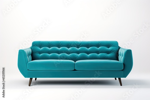 Minimalist Marvel Studio shot of a turquoise sofa on a carpet isolated on white background © Parvez