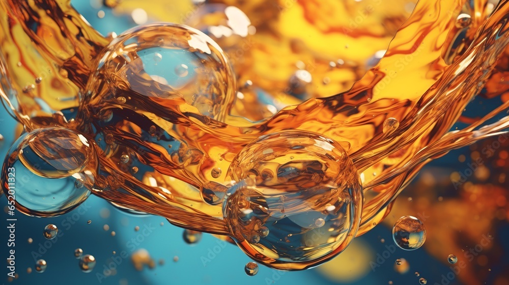 macro close-up on oil falling into water splashing background, golden tones, drop liquid abstract bubble texture closeup splash pattern - obrazy, fototapety, plakaty 