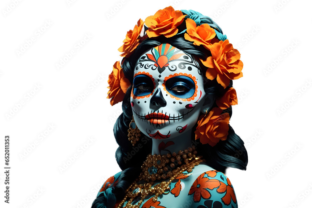 La Catrina isolated on transparent background, Day of the dead, dia de los muertos banner with copy space text, festive card design