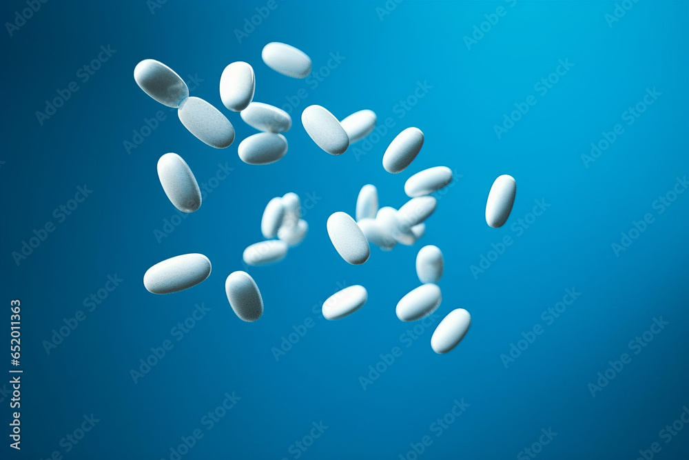 Blue white pills falling on a blue background generative ai Blue white pills falling on a blue background generative ai