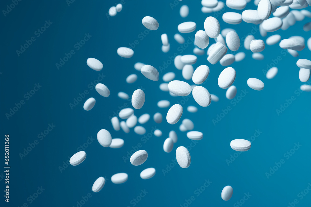 Blue white pills falling on a blue background generative ai Blue white pills falling on a blue background generative ai