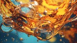 macro close-up on oil falling into water splashing background, golden tones, drop liquid abstract bubble texture closeup splash pattern