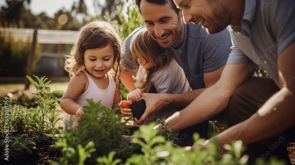 Family with children are gardening by caring for plants in their backyard - obrazy, fototapety, plakaty 