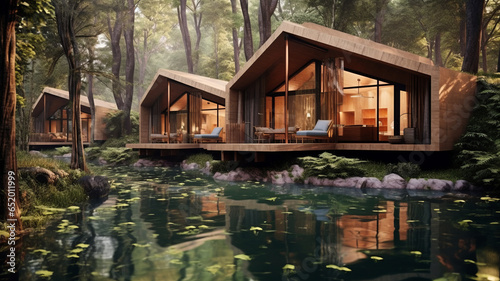 concept design for modern thai style cabins in the woods with small hot pools fed be a creek.generative ai photo