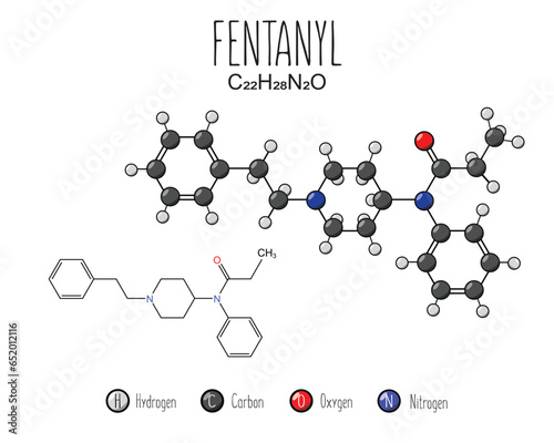 Molecular structure of fentanyl and flat representation, isolated on a white background. Vector editable photo