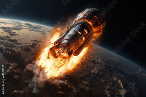 A space capsule re-entering Earth's atmosphere with fiery trails. Generative Ai.