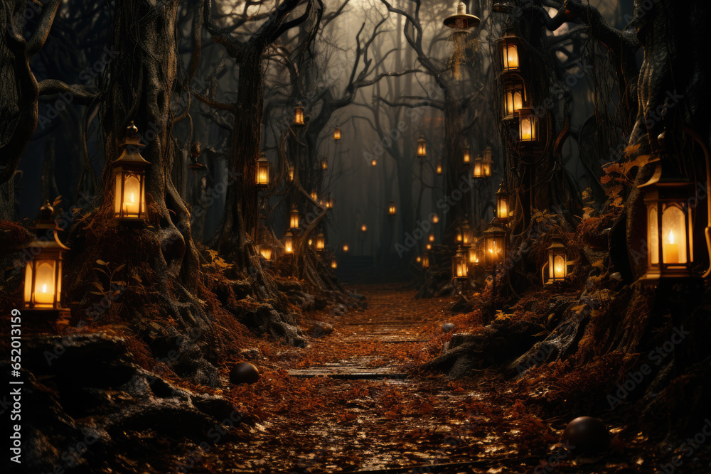 A haunted forest trail illuminated by eerie lanterns and flickering candles. Generative Ai.