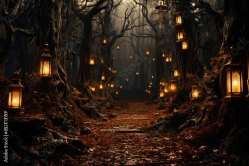 A haunted forest trail illuminated by eerie lanterns and flickering candles. Generative Ai. © Sebastian