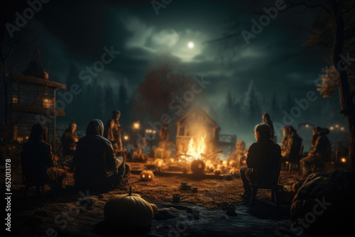 A family gathering around a bonfire, telling ghost stories on Halloween night. Generative Ai.