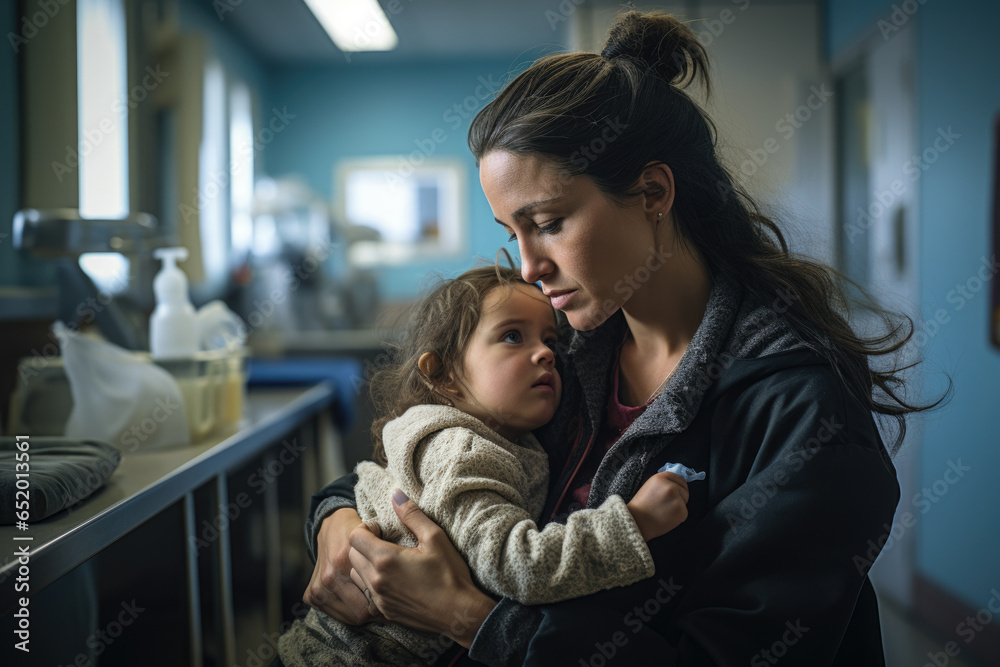 A mother comforting her baby during a vaccination appointment. Generative Ai. A mother comforting her baby during a vaccination appointment. Generative Ai.