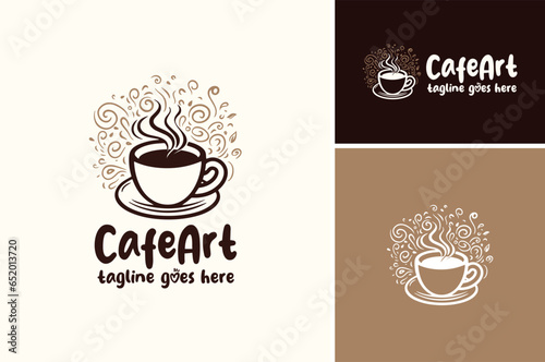 Coffee Cup with Artistic Doodle Floral  Hot Drink Steam for Art Cafe Beverages or Barista Shop logo design