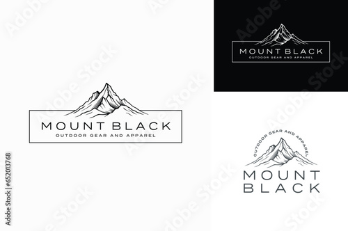 Classic Top Mountain Mount Hand Drawn Silhouette Black White for Vintage Adventure Outdoor Landscape Logo Design