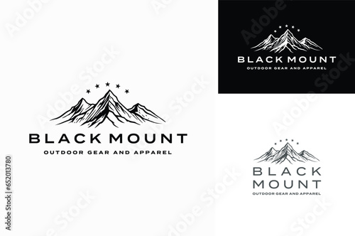 Classic Top Mountain Mount Hand Drawn Silhouette Black White for Vintage Adventure Outdoor Landscape Logo Design