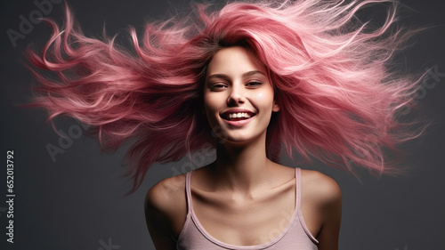 Lively pink hair on a gray background.generative ai © LomaPari2021