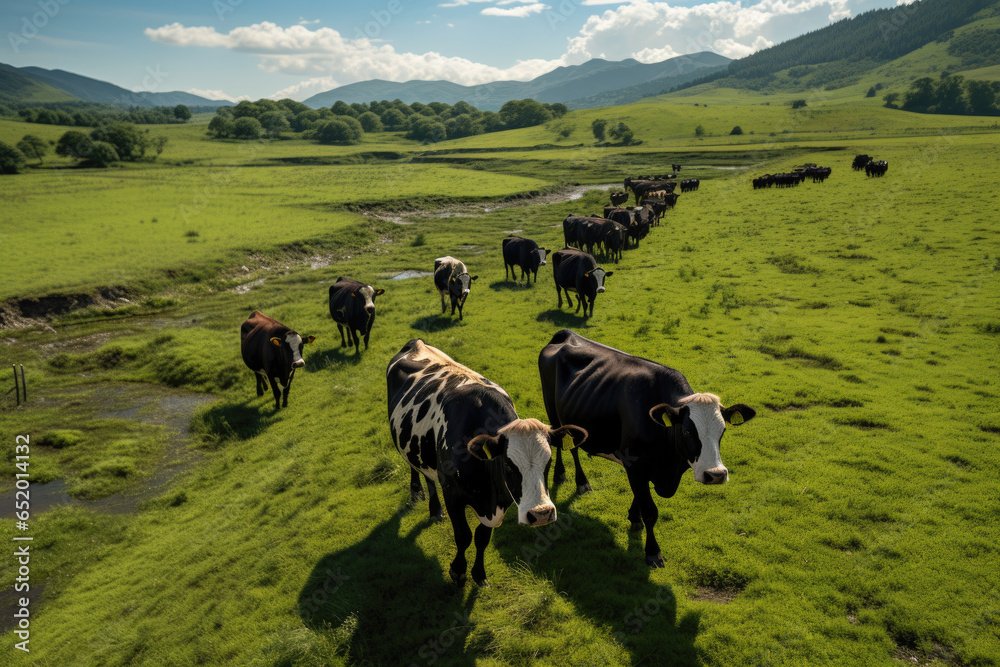Obraz premium A herd of cattle rotationally grazing on pastureland, promoting soil and grass health. Generative Ai.