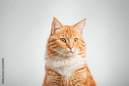 Fluffy orange tabby cat portrait on white background - Generative AI