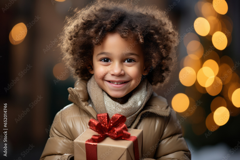 Happy little girl with curly hair and a beautiful smile holds a gift box with a red ribbon in her hands against the background of Christmas lights Happy little girl with curly hair and a beautiful smile holds a gift box with a red ribbon in her hands against the background of Christmas lights