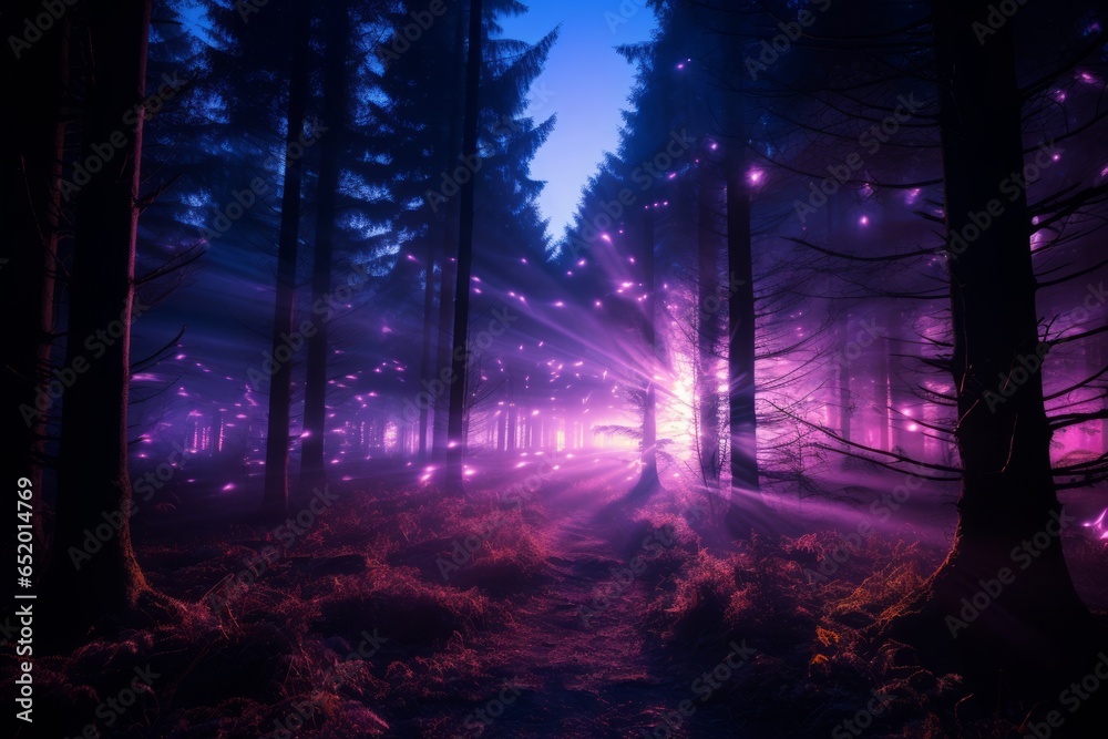 : Ethereal purple glows weave a mystic tapestry amidst the forest, revealing an enchanted realm.