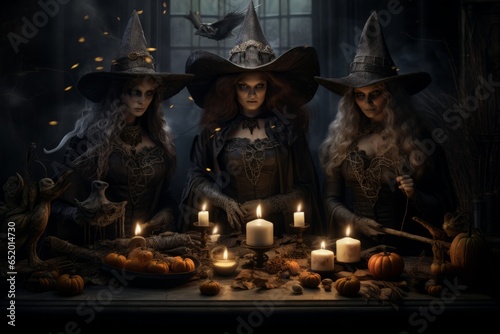  Enigmatic witches gather, their table graced with crackling flames, casting spells and invoking ancient magic.