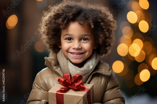 Happy little girl with curly hair and a beautiful smile holds a gift box with a red ribbon in her hands against the background of Christmas lights © Evgeniia