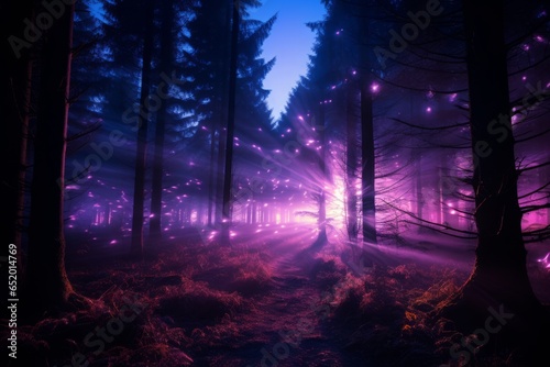   Ethereal purple glows weave a mystic tapestry amidst the forest  revealing an enchanted realm.