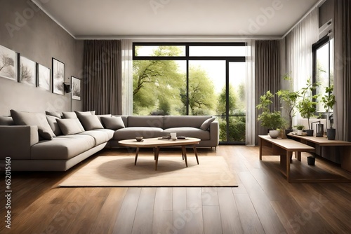 modern living room with sofa and wooden table money plant